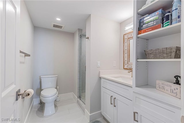 bathroom with visible vents, toilet, a stall shower, vanity, and baseboards