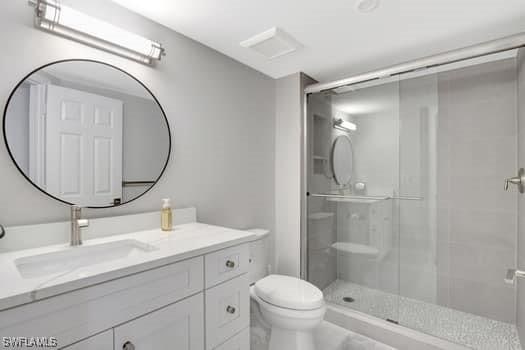 full bath featuring toilet, a shower stall, and vanity