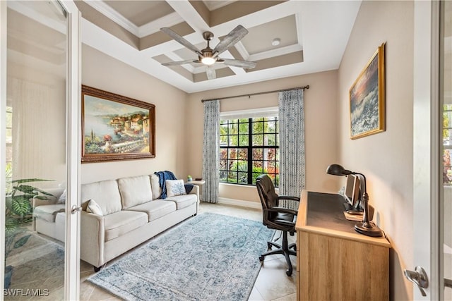 office with beam ceiling, ornamental molding, coffered ceiling, and ceiling fan