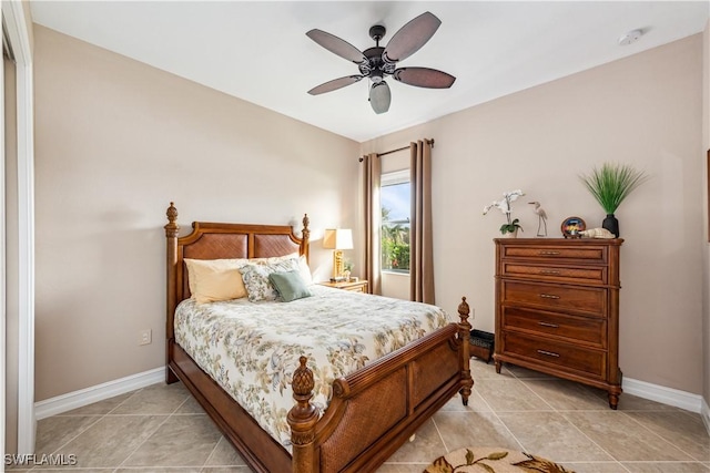 tiled bedroom with ceiling fan