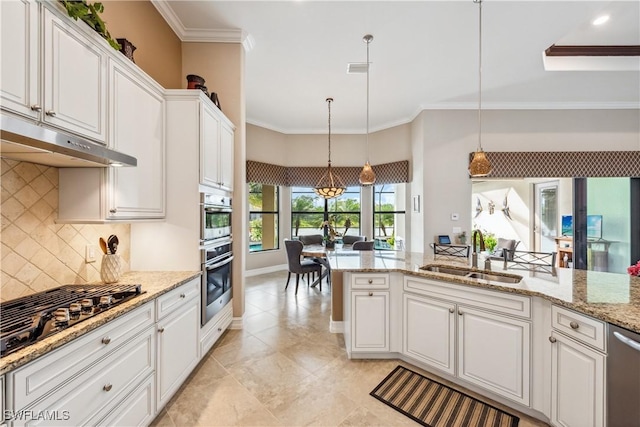 kitchen with white cabinetry, hanging light fixtures, stainless steel appliances, and sink