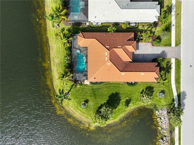 drone / aerial view featuring a water view