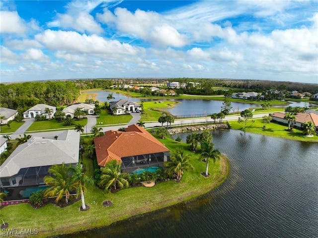 aerial view featuring a water view