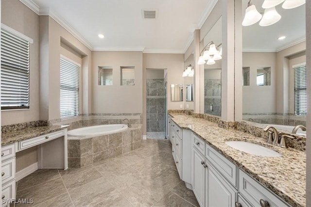 bathroom with vanity, crown molding, and shower with separate bathtub