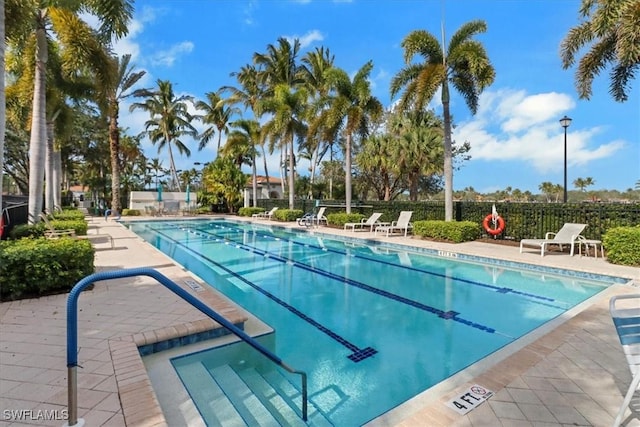 view of swimming pool featuring a patio area