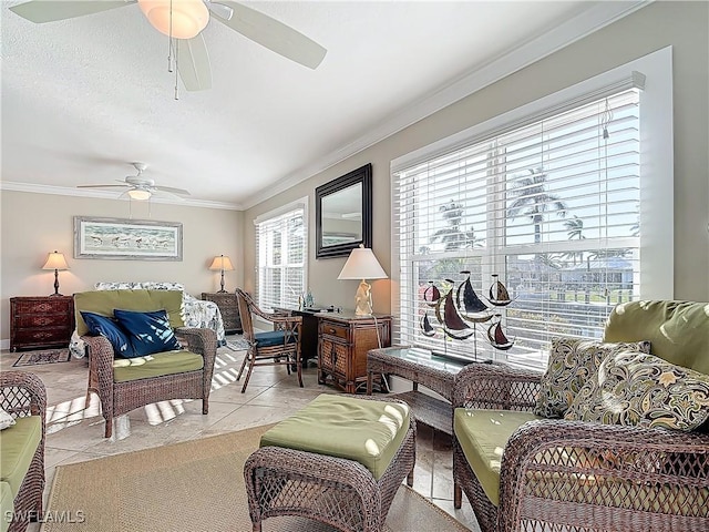 tiled living room with crown molding and ceiling fan