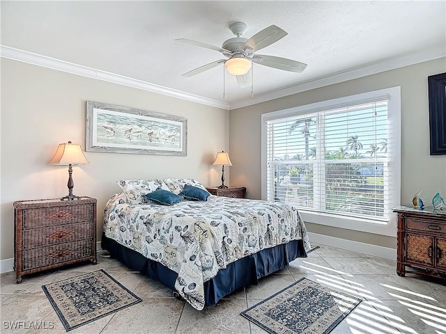 bedroom with multiple windows, ceiling fan, and ornamental molding