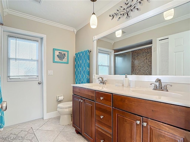 bathroom with vanity, toilet, walk in shower, and ornamental molding