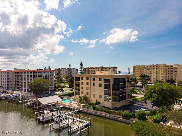 exterior space with a water view