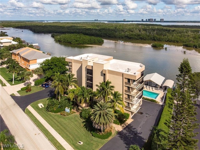 birds eye view of property featuring a water view