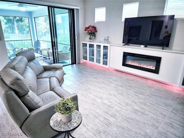 living room featuring ceiling fan