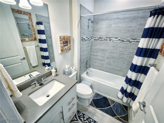 full bathroom with toilet, vanity, tile patterned flooring, and shower / bathtub combination with curtain