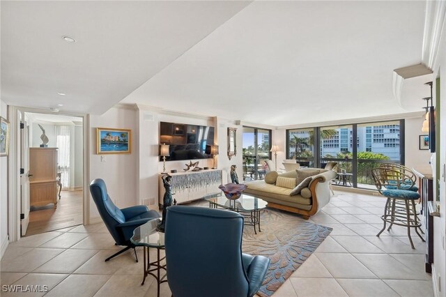 tiled living room with expansive windows