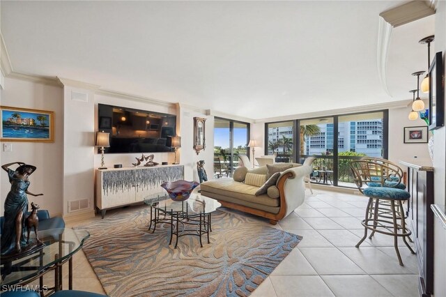 tiled living room with floor to ceiling windows and crown molding