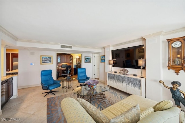 tiled living room featuring crown molding