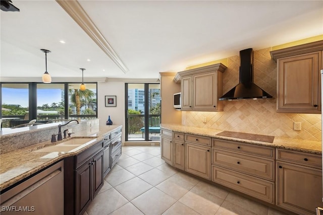 kitchen featuring dishwasher, black electric cooktop, light stone counters, and wall chimney range hood