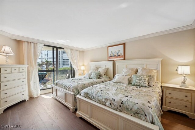bedroom with access to outside, crown molding, and dark hardwood / wood-style floors