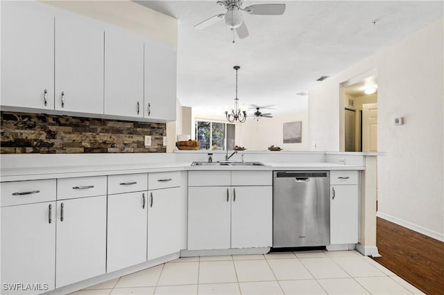 kitchen featuring white cabinetry, sink, tasteful backsplash, and stainless steel dishwasher