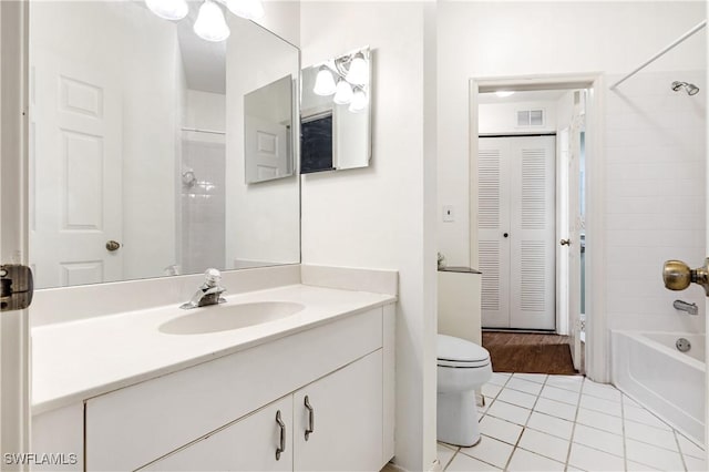 full bathroom featuring bathtub / shower combination, tile patterned floors, toilet, and vanity