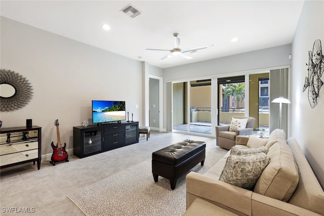 living room with ceiling fan