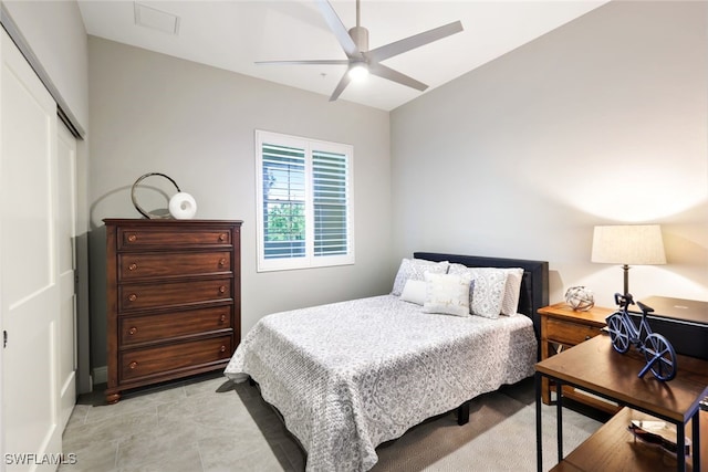 bedroom featuring ceiling fan and a closet