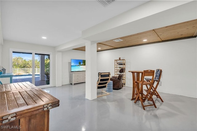 interior space featuring wooden ceiling