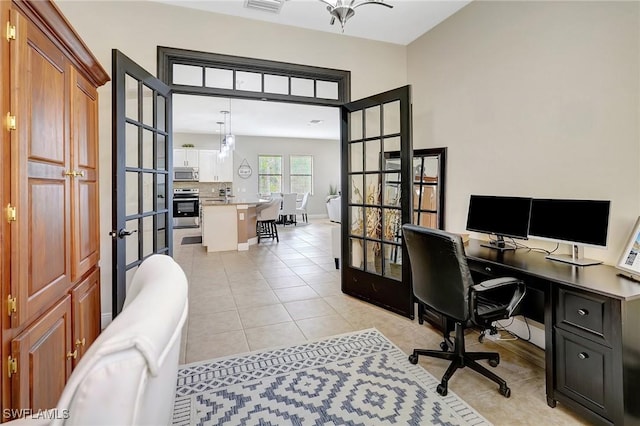 tiled office with french doors