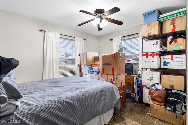 bedroom featuring ceiling fan and multiple windows