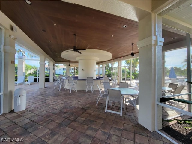 view of patio / terrace with ceiling fan and exterior bar