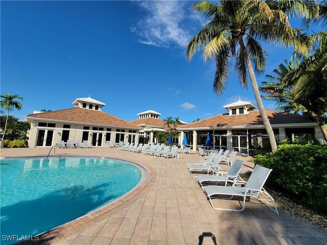 view of swimming pool featuring a patio area