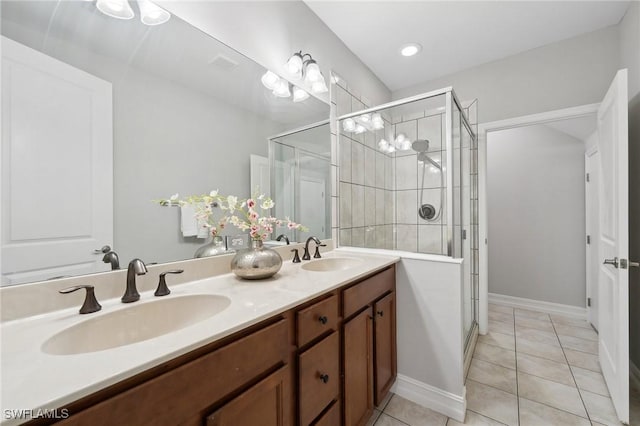 bathroom featuring tile patterned floors, vanity, and a shower with shower door