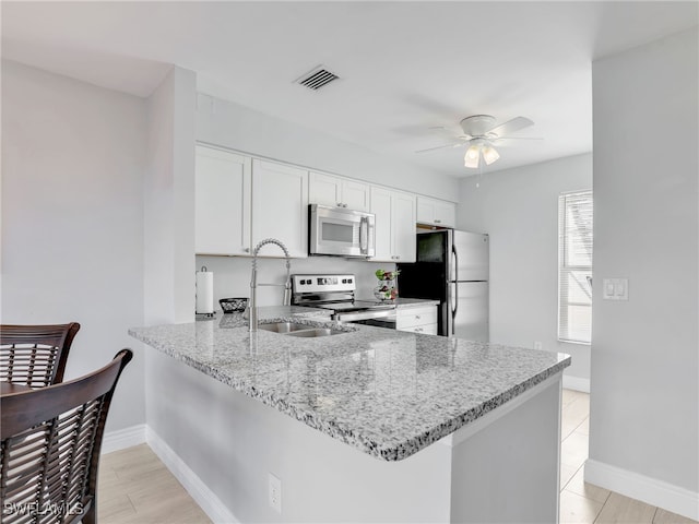 kitchen featuring white cabinetry, stainless steel appliances, sink, kitchen peninsula, and ceiling fan