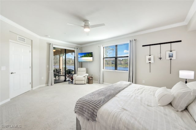 carpeted bedroom featuring ceiling fan, multiple windows, ornamental molding, and access to outside