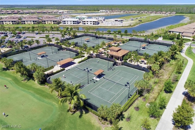 birds eye view of property featuring a water view