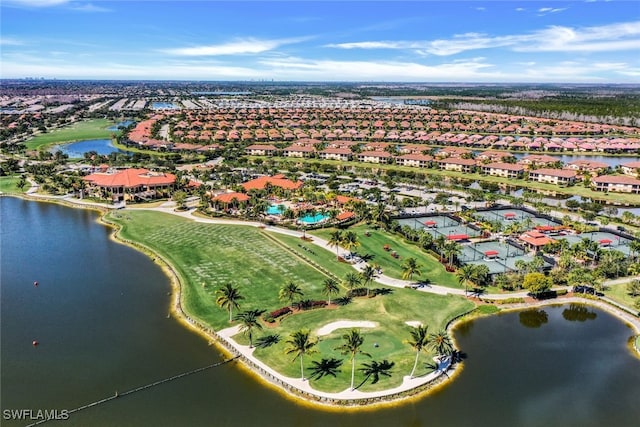 drone / aerial view featuring a water view