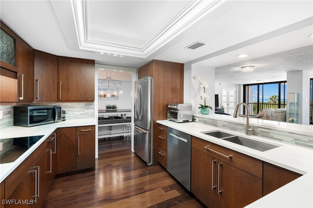 kitchen with backsplash, a raised ceiling, sink, ornamental molding, and appliances with stainless steel finishes