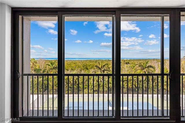 interior details with a water view