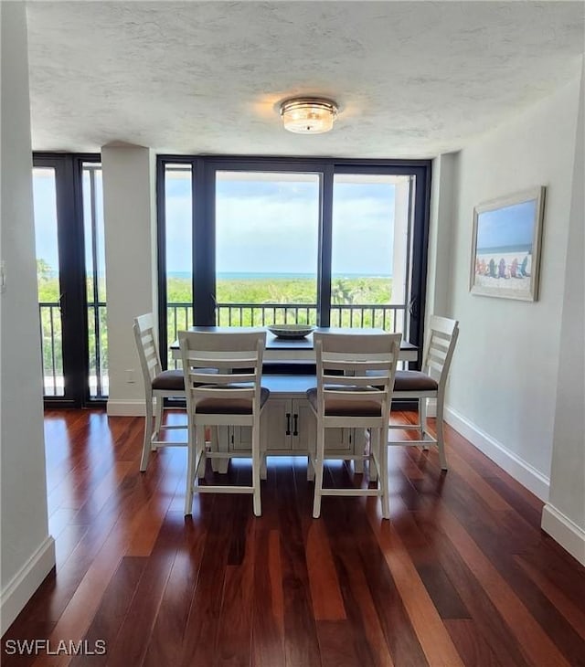 dining space featuring a textured ceiling, baseboards, dark wood finished floors, and a healthy amount of sunlight