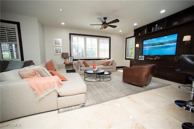 living room with ceiling fan