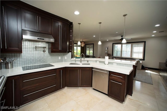 kitchen with sink, hanging light fixtures, stainless steel dishwasher, ceiling fan, and black electric cooktop