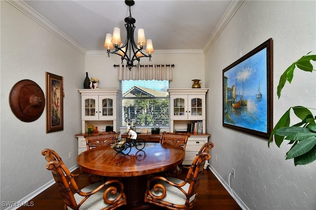 dining space featuring an inviting chandelier, ornamental molding, and dark hardwood / wood-style floors