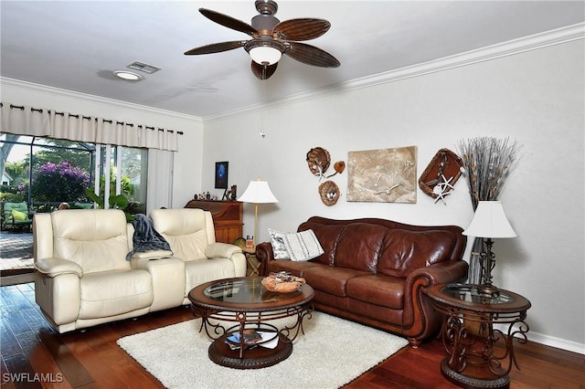 living room featuring crown molding, dark wood-type flooring, and ceiling fan