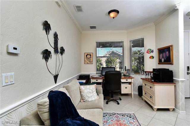 tiled office space with crown molding