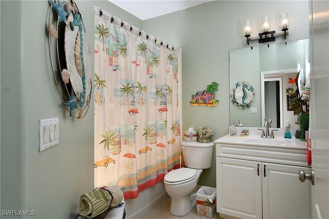 full bathroom with vanity, tile patterned flooring, toilet, and shower / bath combo with shower curtain