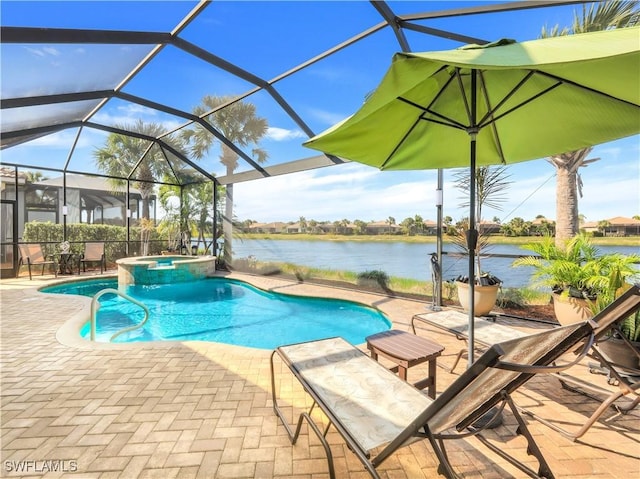 view of swimming pool featuring a lanai, a water view, a patio, and an in ground hot tub