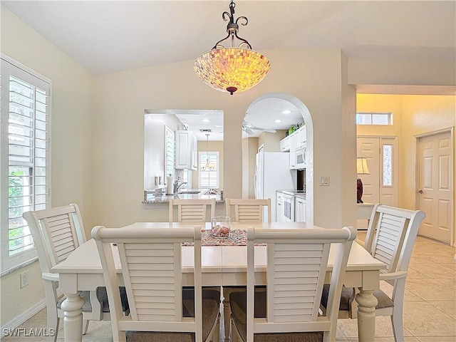 tiled dining area with sink and a healthy amount of sunlight