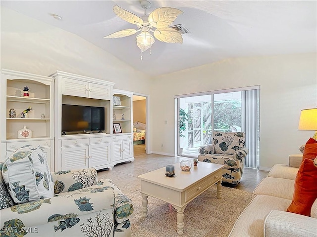 tiled living room featuring vaulted ceiling and ceiling fan