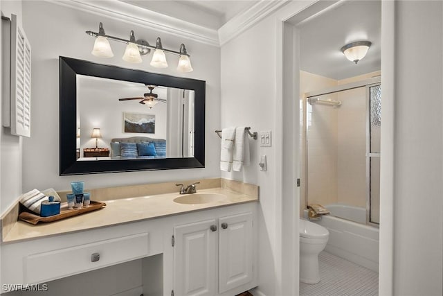 full bathroom featuring tile patterned floors, vanity, crown molding, shower / bath combination with glass door, and toilet