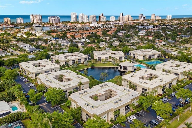 drone / aerial view with a water view