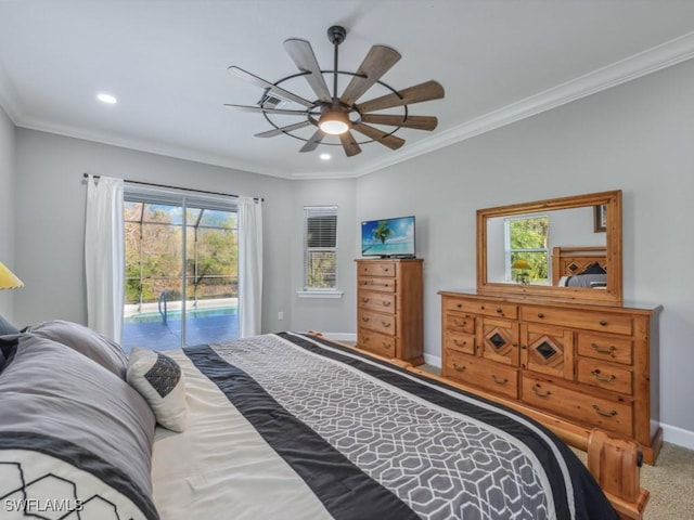 bedroom featuring access to exterior, carpet flooring, ceiling fan, and crown molding